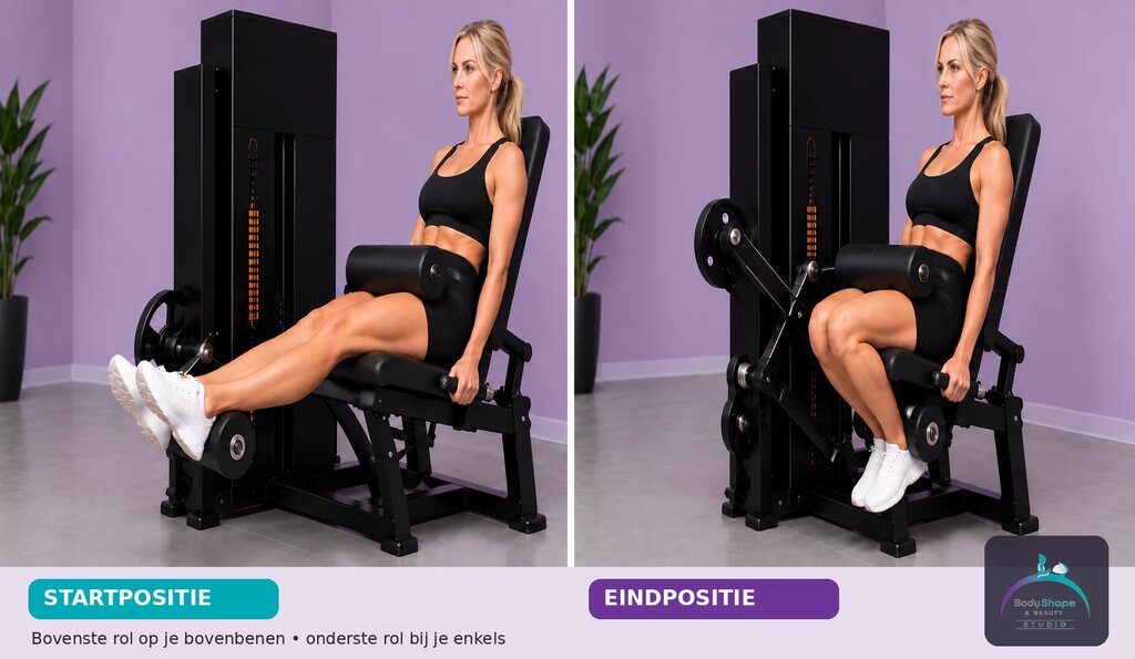 Leg Curl: startpositie links en eindpositie rechts