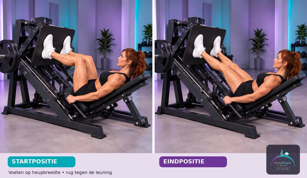 Leg Press – standaard: startpositie links en eindpositie rechts
