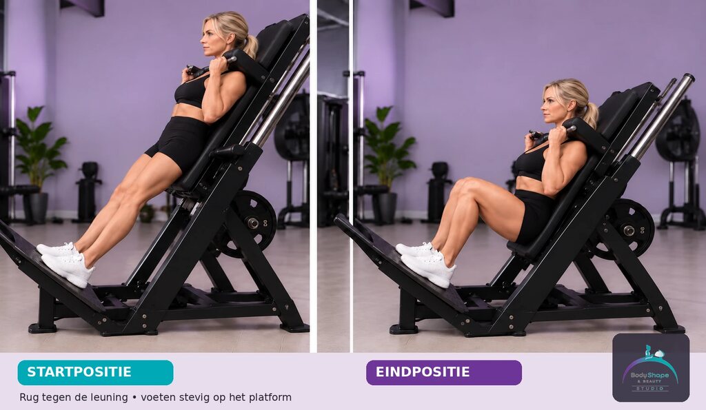 Hack Squat: startpositie links en eindpositie rechts