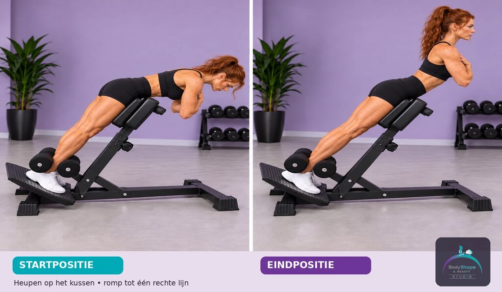 Back Extension: startpositie links en eindpositie rechts
