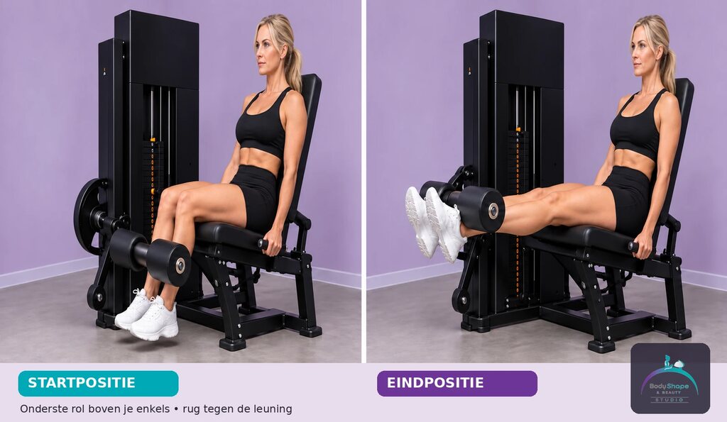 Leg Extension: startpositie links en eindpositie rechts
