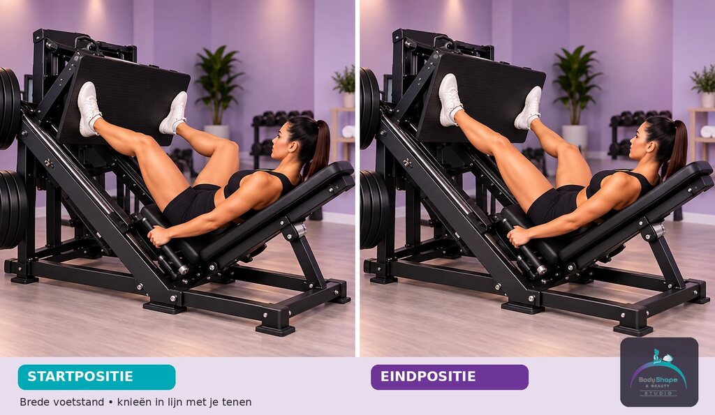 Leg Press – brede stand: startpositie links en eindpositie rechts