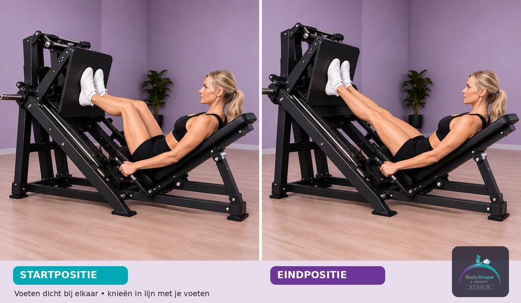 Leg Press – smalle stand: startpositie links en eindpositie rechts