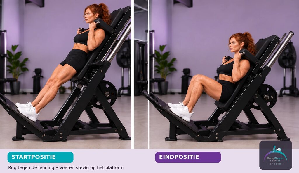 Hack Squat: startpositie links en eindpositie rechts