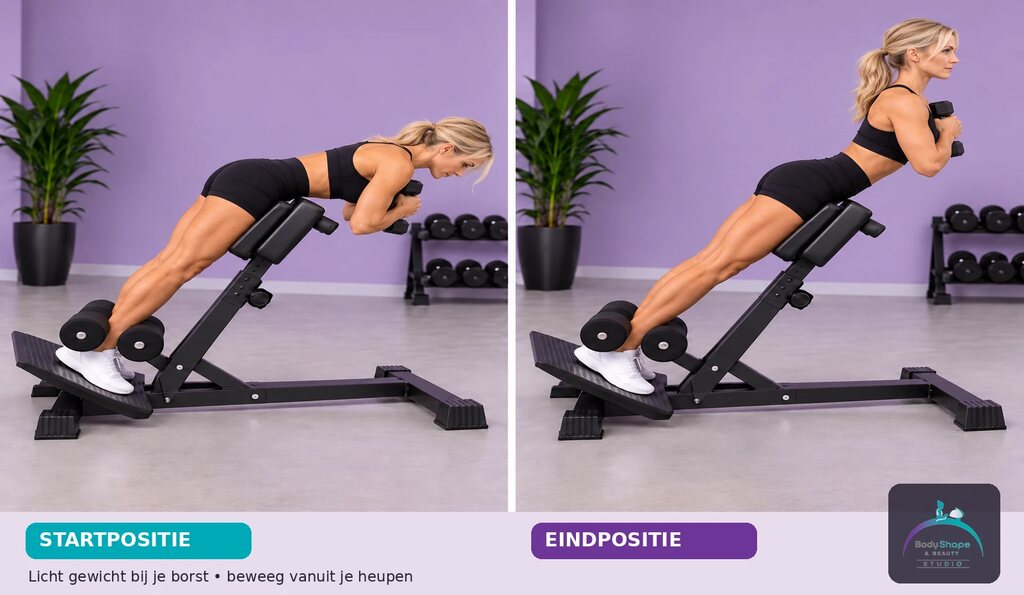 Hyperextension – glute focus (met gewicht): startpositie links en eindpositie rechts