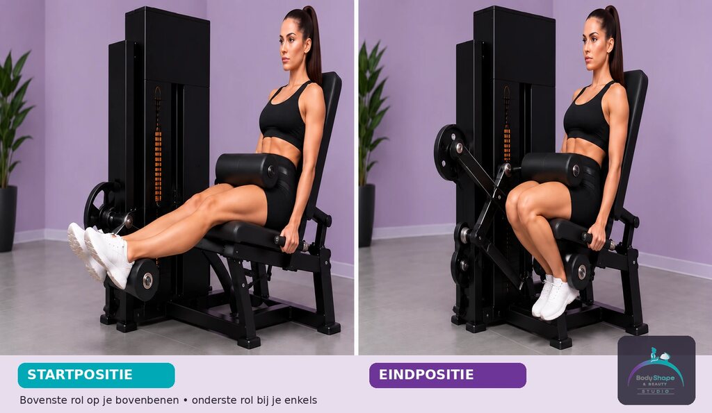 Leg Curl: startpositie links en eindpositie rechts