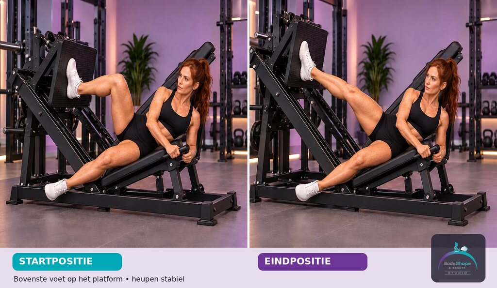 Single Leg Press Side: startpositie links en eindpositie rechts
