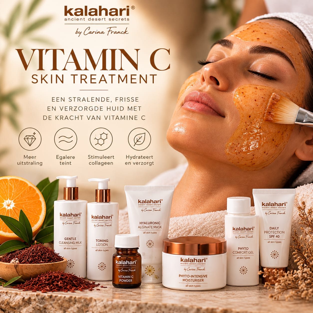 Kalahari Vitamin C Skin Treatment artwork met verzorgingsproducten en vitamine C