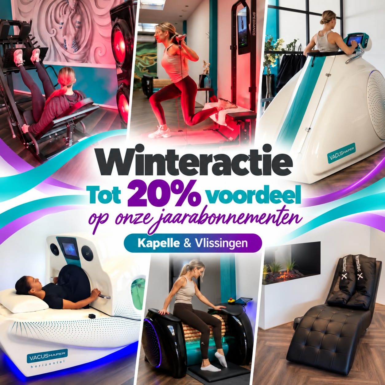 Winteractie bij Body Shape & Beauty: tot 20% voordeel op jaarabonnementen in Kapelle en Vlissingen; collage van sporten en ontspannen in de studio.